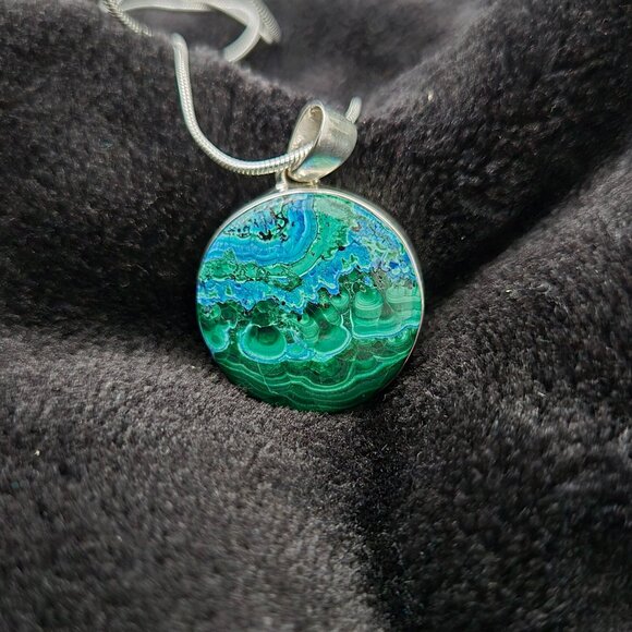 Sterling Silver Round Malachite and Chrysocolla Pendant - Natural Stone 1.5"x1"